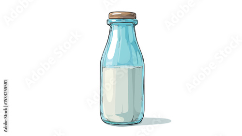 A digital illustration depicts a glass bottle of milk. The bottle is light blue and has a classic shape, slightly wider at the base and tapering towards the neck. It has a cork stopper. The milk