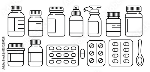 Medicine Bottles Pills Tablets and Spray Icon Set