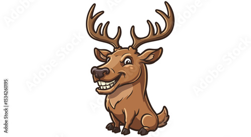 Cartoon reindeer character smiling with visible teeth on a white background