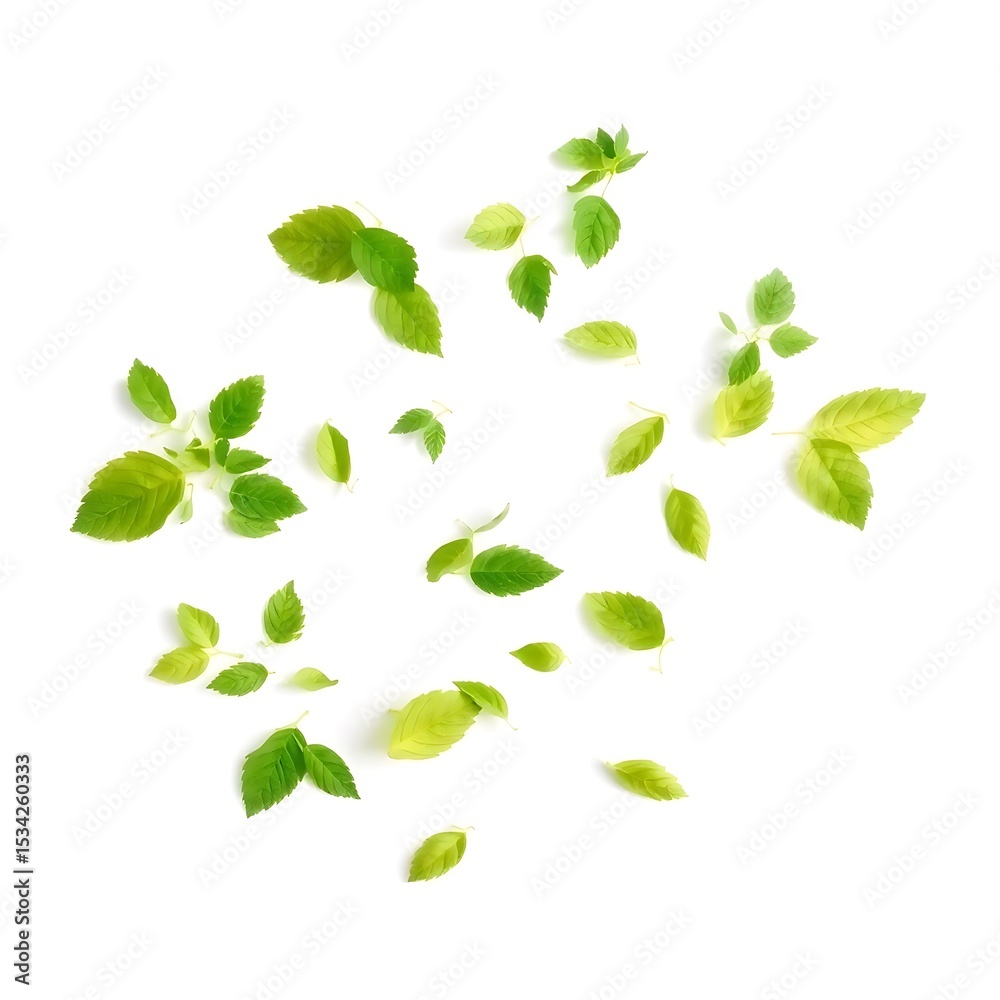 green fallen leaves isolated on white