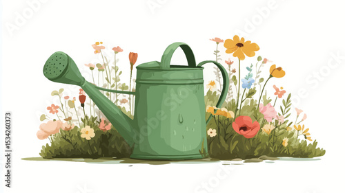 Digital illustration of a green metal watering can nestled among a variety of colorful wildflowers and green grass. The style is whimsical and painterly, with soft edges and slightly muted colors.
