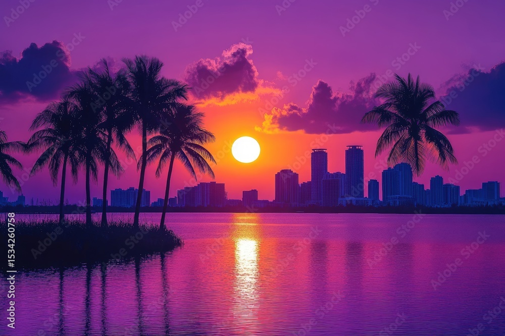 Obraz premium Silhouetted city sunset with palm trees
