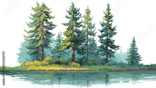 Digital painting depicting a group of evergreen trees situated on the edge of a calm lake. The trees are predominantly dark green with hints of lighter green and yellow-green foliage. The lake's