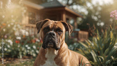 Giovane cane di razza boxer riposa nel giardino di casa