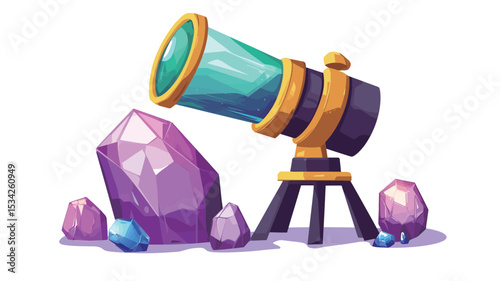 A vector illustration depicting a brass telescope angled towards a cluster of stylized, vibrantly colored crystals. The crystals are primarily shades of purple, pink and blue, rendered with a