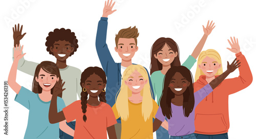 Diverse group of young people joyfully waving, symbolizing friendship and unity