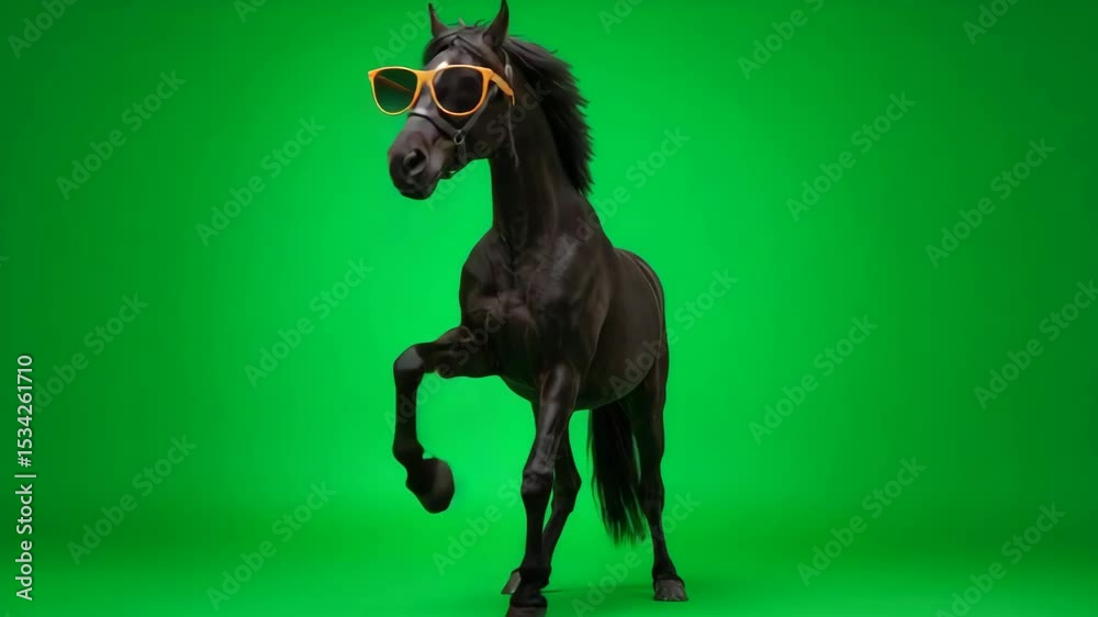 Cool Black Horse Wearing Sunglasses on Green Screen - A black horse wearing orange sunglasses trots across a bright green screen.