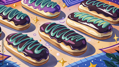 Chocolate eclairs with creamy filling and glossy glaze elegant French dessert vector illustration ideal for bakery branding, menu design, patisserie poster, or packaging