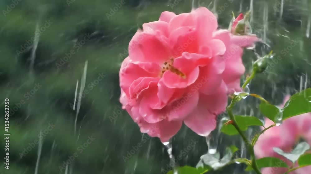 Pink Rose Blooming in the Rain A Serene Nature Video