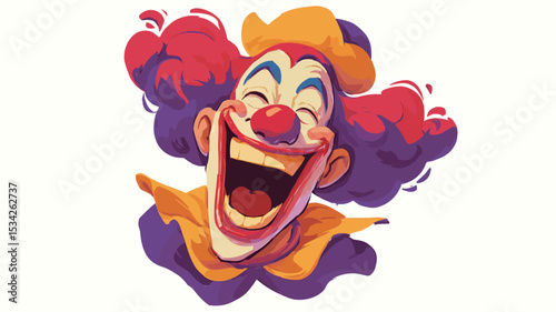 A digital illustration of a clown's face. The clown is depicted with a wide, open mouth, showing a joyful laugh.  The clown has bright red, voluminous hair, a large red nose, and exaggerated