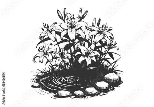 Stargazer Lily Flower Hand Drawn Natural Illustration Vector Isolated by AZ for Books, Arts, Design and Decoration Graphic Asset