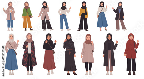 Diverse collection of fashionable muslim women in various outfits and poses illustration