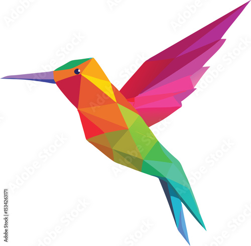 colorful geometric hummingbird, abstract low poly bird, vibrant polygonal hummingbird, cubist style hummingbird, vivid triangular hummingbird, modern polygonal hummingbird illustration
