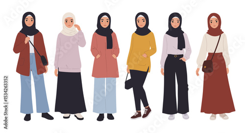 Diverse Hijabi Fashion Styles Illustration: Modern Muslim Women's Clothing Collection