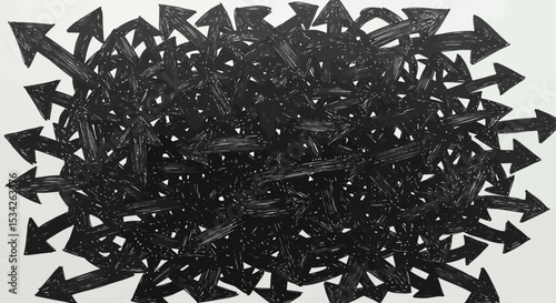 Abstract illustration showcasing a dense cluster of directional arrows painted in black ink