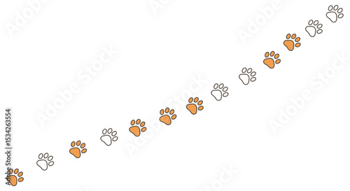 Paw prints trail illustration on white backdrop, alternating colors and direction