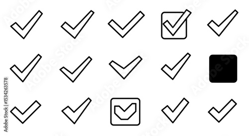 Set of simple check mark icons in various styles for approval and acceptance