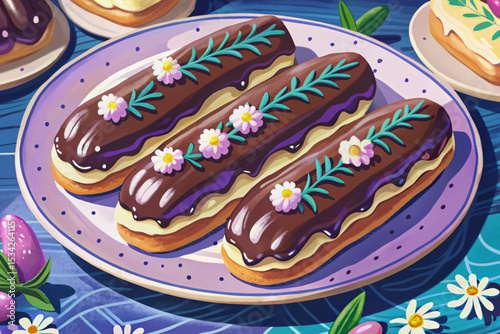 Chocolate eclairs with creamy filling and glossy glaze elegant French dessert vector illustration ideal for bakery branding, menu design, patisserie poster, or packaging