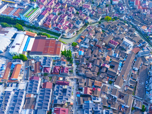 Aerial view of Luodian Ancient Town on sunny day, One of the most famous ancient towns in Shanghai.