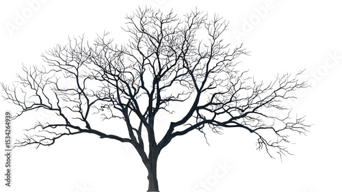
The image shows a bare tree against a stark white background. The tree appears to be leafless, indicating that it is likely winter or late fall.