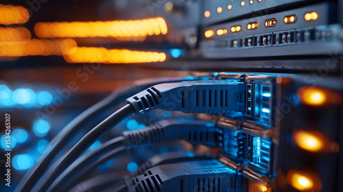 Network cables connected to server ports with illuminated indicators in a data center environment.