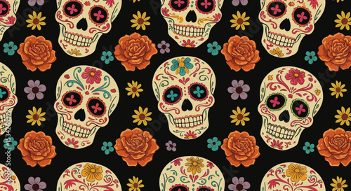 Vibrant Day of the Dead Floral Skulls Seamless Pattern for Festive Backgrounds