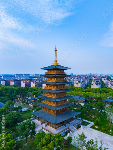 Aerial view of ancient tower in Luodian Ancient Town, Baoshan district, Shanghai