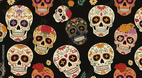 Day of the Dead colorful sugar skulls seamless pattern on a dark background