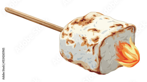 A digitally drawn illustration features a toasted marshmallow on a wooden skewer. The marshmallow has a square shape with rounded edges and its surface displays brown, toasted spots.

