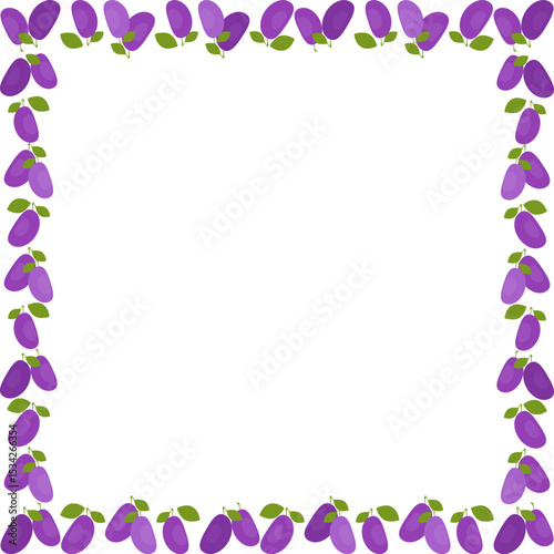 Juicy fresh violet plums frame. Aesthetic groovy berries design template. Empty space for your text