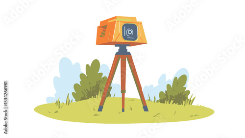 The image shows an orange device on a tripod, set against a grassy outdoor backdrop. The device resembles a piece of surveying equipment or possibly a camera with a square-shaped housing.