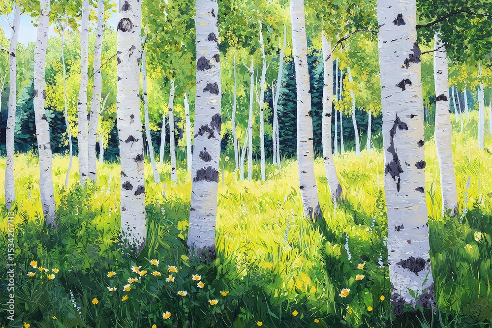 Obraz premium Birch forest, sunlit glade, white tree trunks