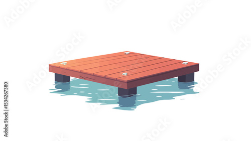 The image depicts a small, square wooden dock or platform sitting in water. The platform is made of horizontally aligned planks, reddish-brown in color, and has four short, thick legs that appear to b