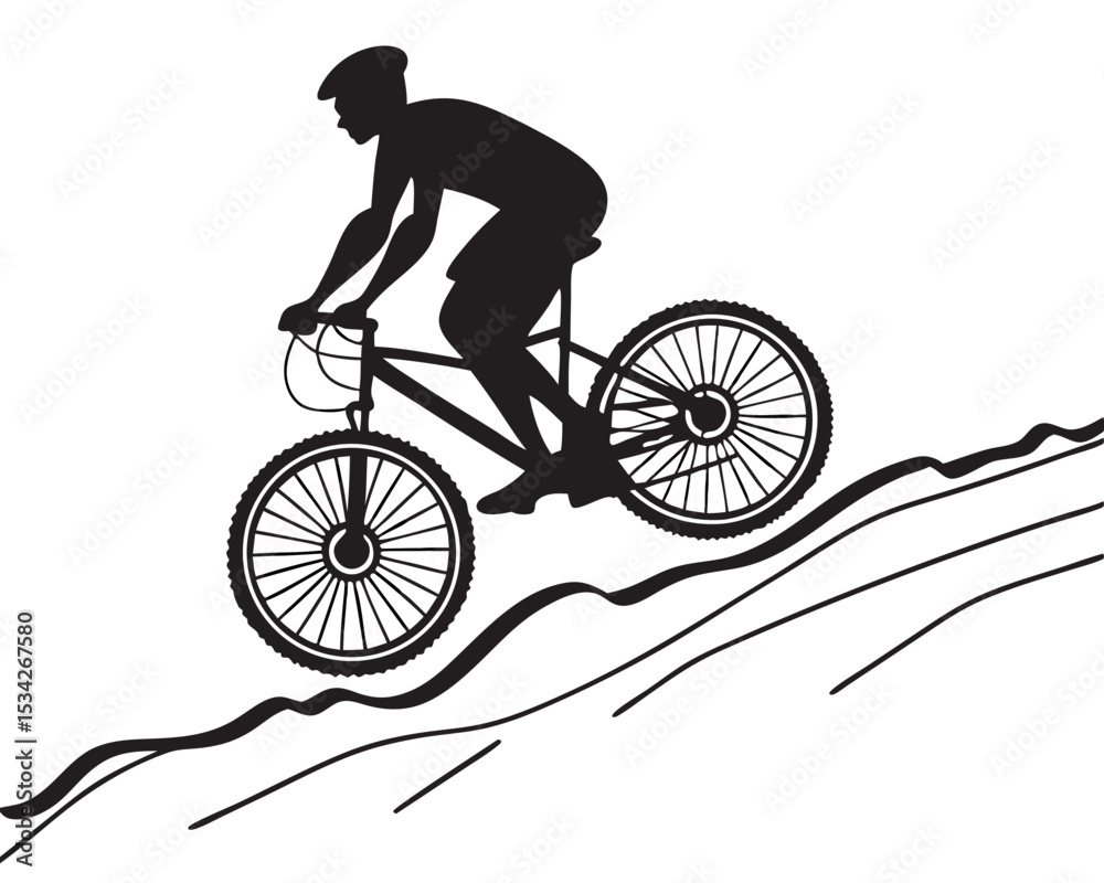 Obraz premium Mountain Biker Uphill Climb Black Silhouette Vector | Cyclist Riding Steep Incline Sport Action