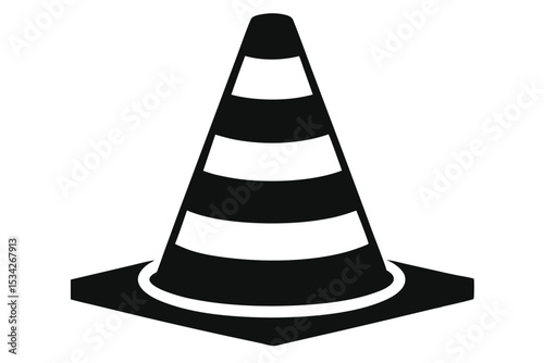 Black Striped Traffic Cone Icon Silhouette, Construction Safety and Warning Symbol Graphic