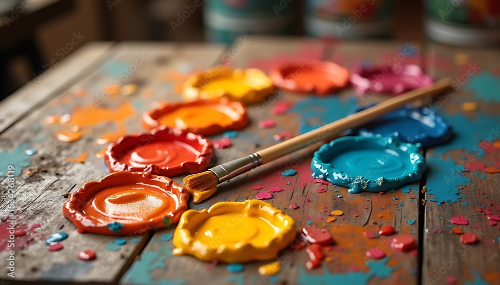 Paint brush and colorful paint on rustic wooden table surface Paint brush and colorful paint on rustic wooden table surface