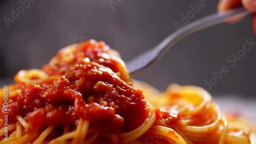 Closeup of fork twirling spaghetti with rich tomato sauce and rising steam