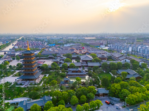 Aerial view of ancient tower in Luodian Ancient Town, Baoshan district, Shanghai
