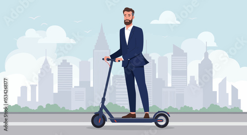 Stylish businessman commuting on electric scooter against city skyline backdrop