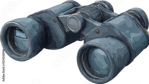 A close-up shot of a pair of binoculars with a camouflage pattern. The binoculars are predominantly grey-blue in color, with a mottled texture suggestive of camouflage. The image shows the