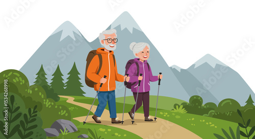 Happy senior couple hiking in mountains enjoying outdoor activity lifestyle
