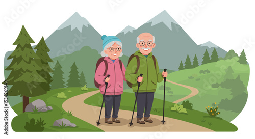 Elderly couple hiking in the mountains, enjoying active retirement lifestyle together