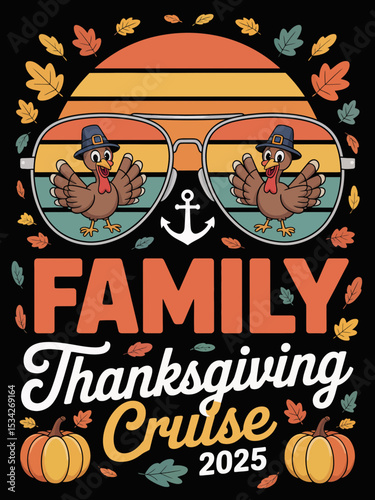 A pair of sunglasses featuring turkeys wearing pilgrim hats reflects a vibrant sunset and anchors the theme of the Family Thanksgiving Cruise 2025