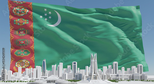 Turkmenistan Flag Waves Over Ashgabat Cityscape