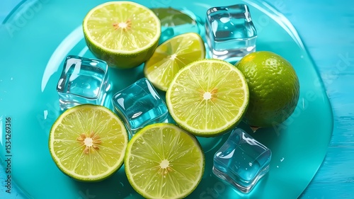 Refreshing Limes and Ice Cubes on Aqua Surface for a Summertime Vibe