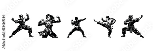 Vector Black Judo Silhouette Throwing Technique Illustration for Self-Defense Art Design Set