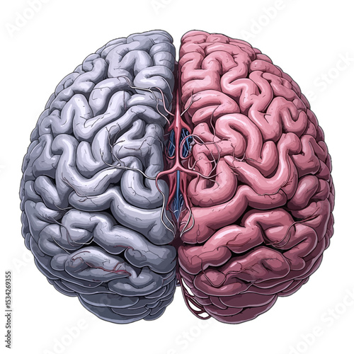 The human brain isolated on white background.  The left hemisphere of the brain is realistic, consists of gray tissue, neurons, blood vessels.  The right hemisphere of the brain is  consists of white 