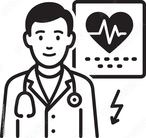 Doctor with stethoscope and heart symbol, black icon on white background