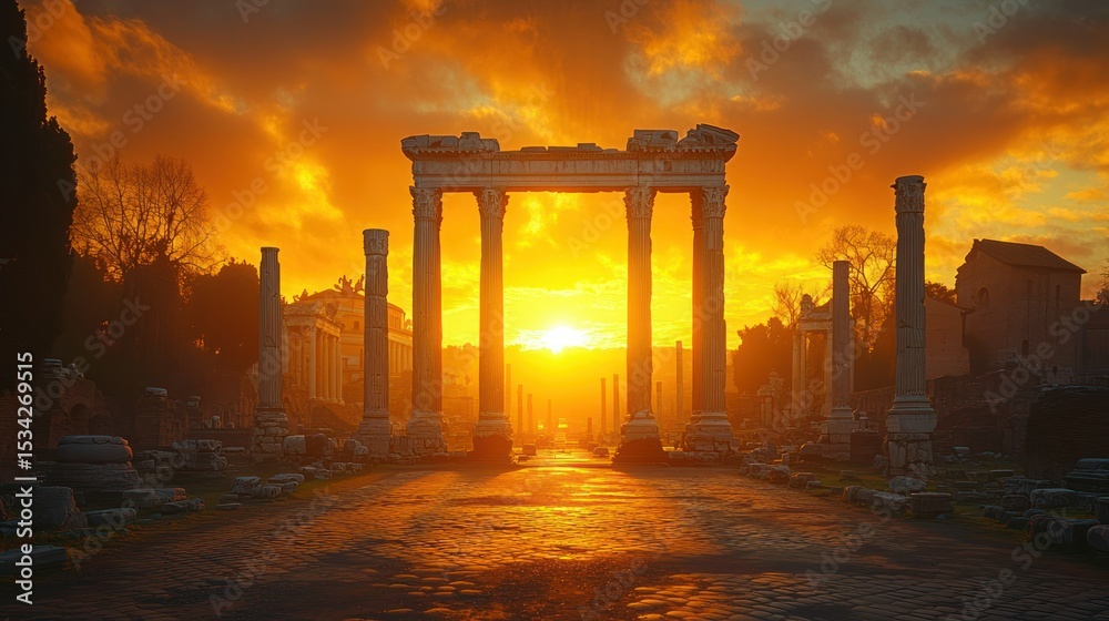 Fototapeta premium Ruins lit by sunset, ancient archway and columns