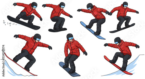 Snowboarding skill demonstration: Diverse action poses of snowboarders on the snow